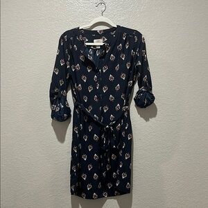 LOFT Women’s Floral Navy Dress Mini Size Small Boho Long Sleeve Casual Business